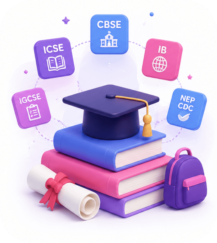 Curriculum support for ICSE, CBSE, IB, Nepal CDC, IGCSE, and American Board