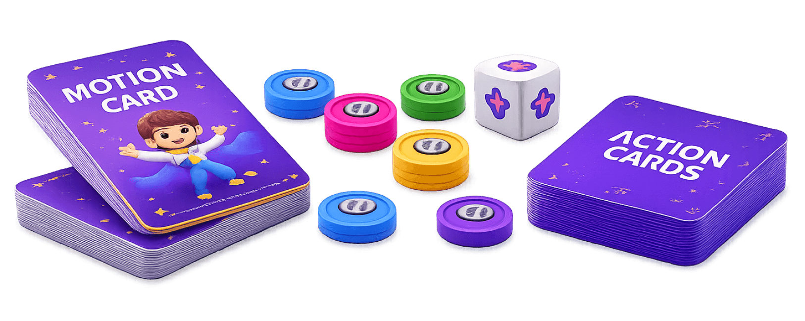 Eduzo motion cards, action cards, dice, and tokens