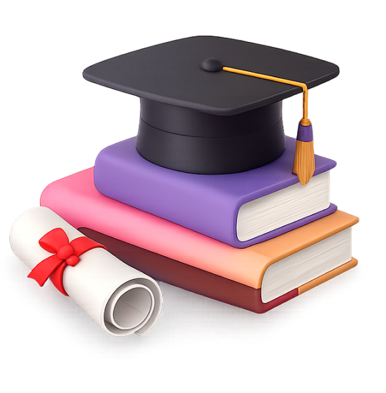 Graduation cap resting on a stack of books with a diploma