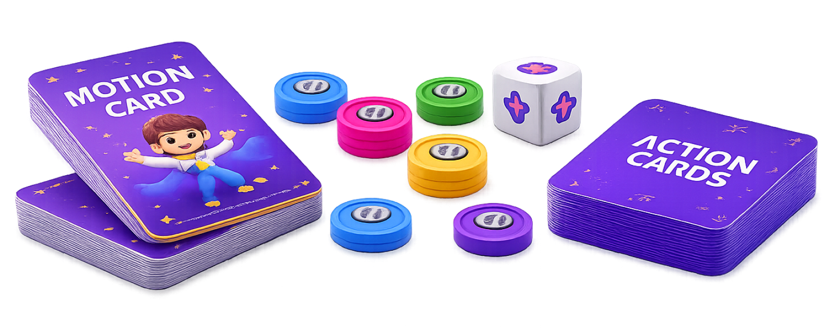 Eduzo motion cards, action cards, dice, and tokens