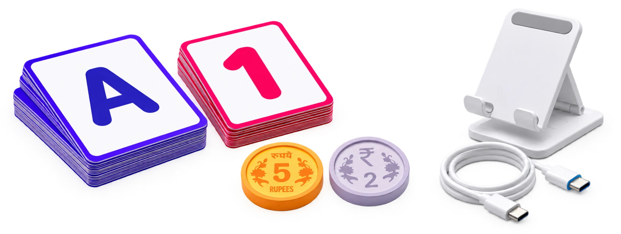 Eduzo alphabet and number flashcards, rupee coins, phone stand, and USB-C cable
